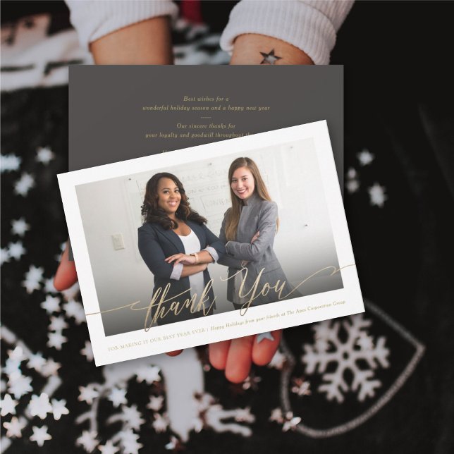 Thank You Gold Script Photo Stylish Chic Business Holiday Card (Creator Uploaded)