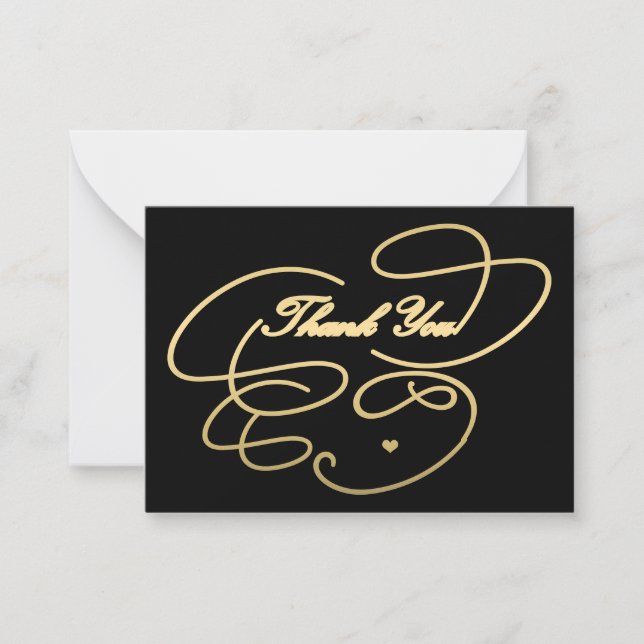 Thank you gold script simple elegant black note card (Front)