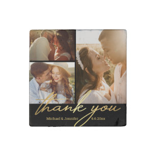 thank you gold script wedding 3 photos collage stone magnet
