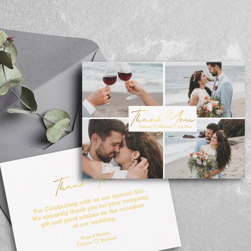 thank you gold script wedding 4 photos collage note card