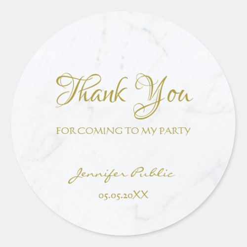 Thank You Gold Script White Marble Template Classic Round Sticker