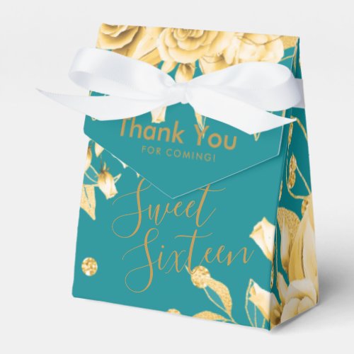 Thank You Gold Teal Sweet 16 Glitter Floral Favor Boxes