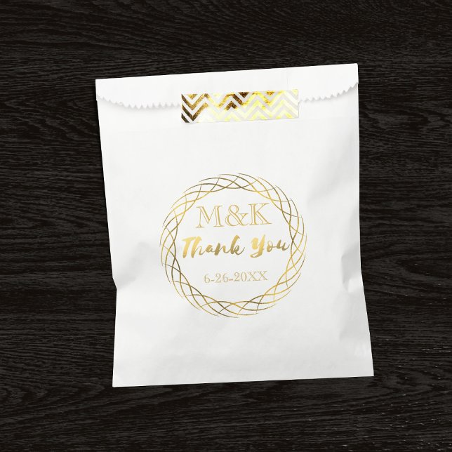 Thank You Gold Wreath Monogram Wedding Favor Bags (A fancy gold wreath with space for your initials and wedding date)