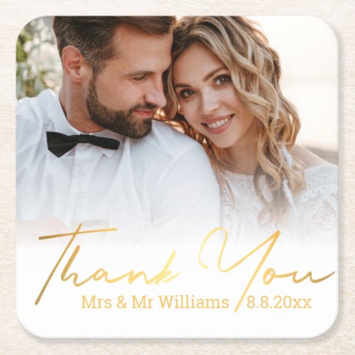 thank yougolden calligraphy wedding faded photo  square paper coaster