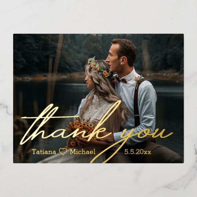 thank you,golden chic handwritting wedding photo  foil holiday postcard (Front)