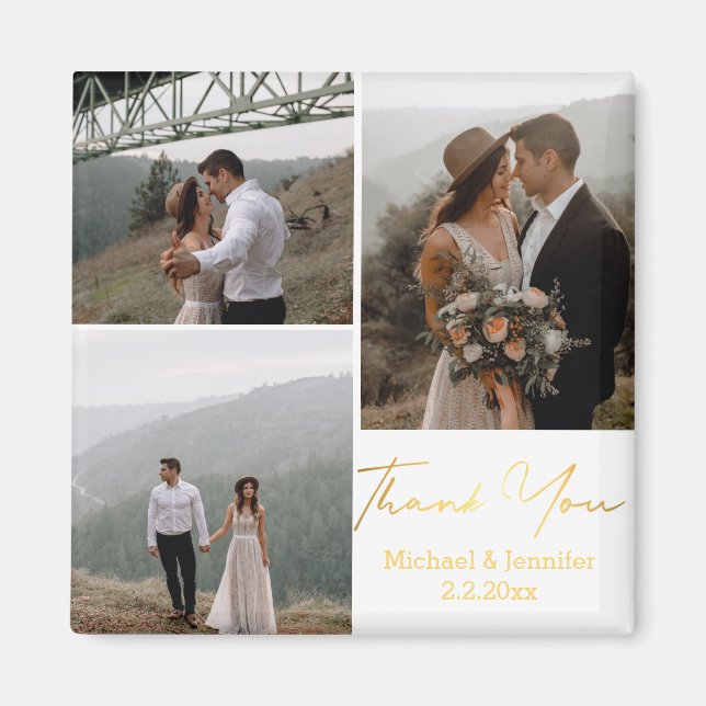 thank you, golden handwriting wedding 3 photos magnet (Front)