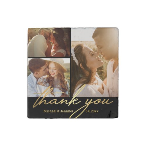 thank you golden handwriting wedding photo collage stone magnet