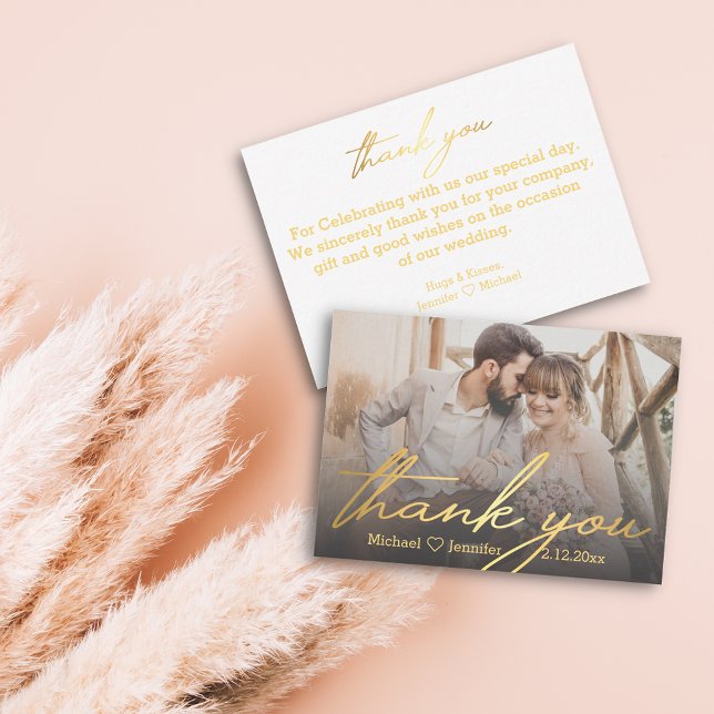 thank you,golden handwritting wedding photo  note card (Creator Uploaded)