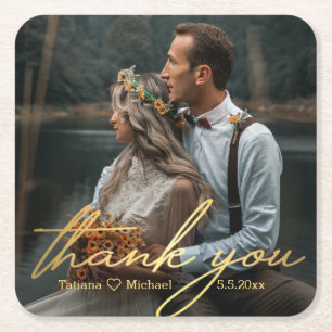 thank you,golden handwritting wedding photo square paper coaster