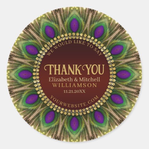 Thank You Golden Peacock Feathers Mandala  Classic Round Sticker