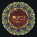 Thank You Golden Peacock Feathers Mandala  Classic Round Sticker<br><div class="desc">Bold and beautiful design : Customizable text with a circle of peacock feathers. Gorgeous greens and purples colors with rich gold trims. | These decorative custom name and details makes standout design for many special events - fully customizable ♥ Engagement / Wedding (or anniversary) keepsake gifts for the special couple...</div>