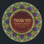 Thank You Golden Peacock Feathers Mandala  Classic Round Sticker<br><div class="desc">Bold and beautiful design : Customizable text with a circle of peacock feathers. Gorgeous greens and purples colors with rich gold trims. | These decorative custom name and details makes standout design for many special events - fully customizable ♥ Engagement / Wedding (or anniversary) keepsake gifts for the special couple...</div>