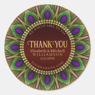 Thank You Golden Peacock Feathers Mandala Classic Round Sticker