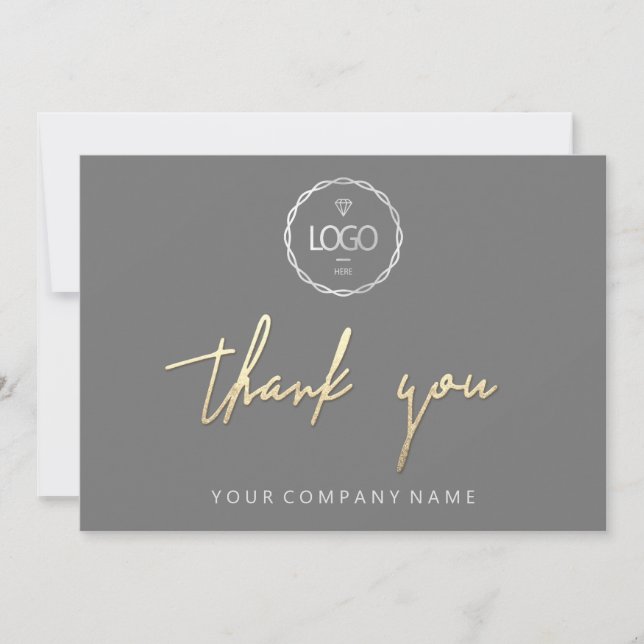 Thank You Golden Script Business  Logo Gray  Invitation (Front)