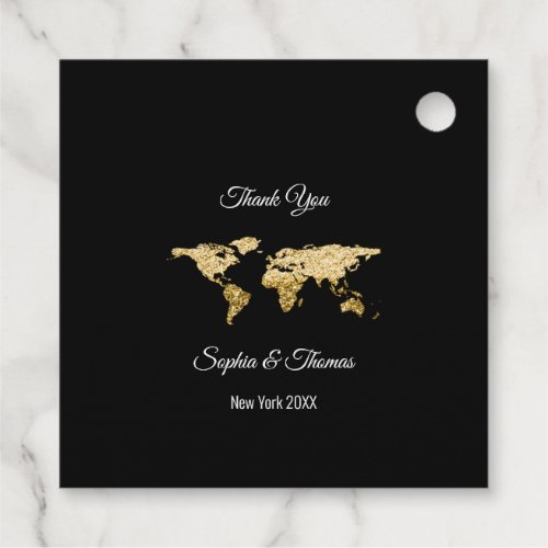 Thank You Golden World Map Destination Globe Black Foil Favor Tags