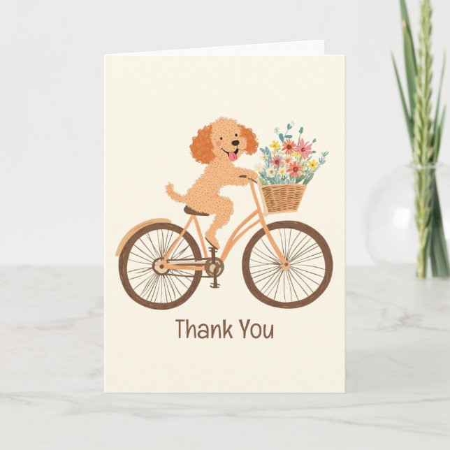 Thank You Goldendoodle Dog Biking Spring Flowers Card (Front)