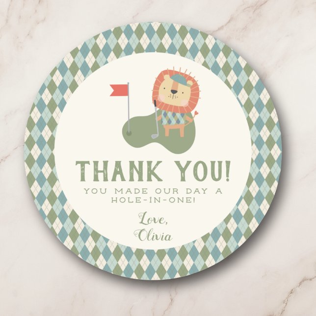 Thank you Golf Baby Shower A Little Putter Preppy Classic Round Sticker (Sweet lion golfer sticker to thank guests in golf style.)