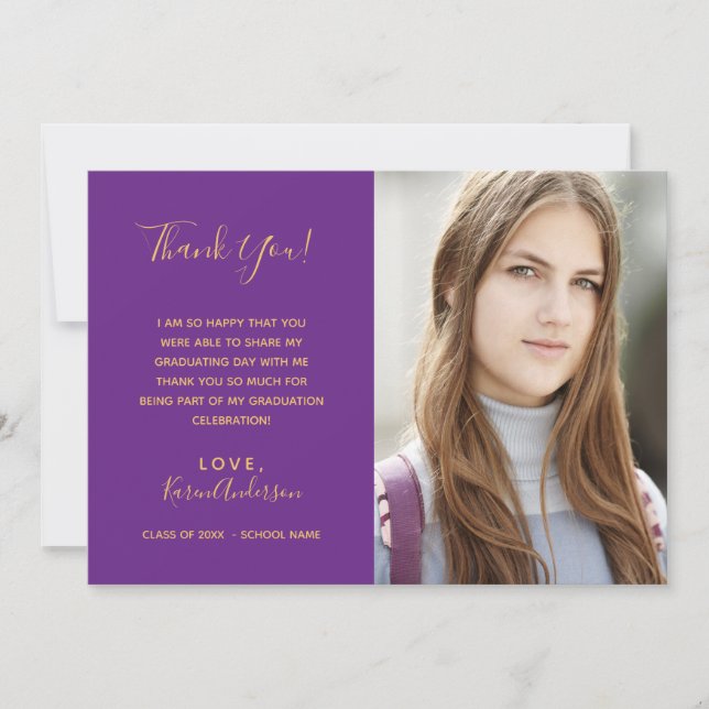Thank You Graduate photo purple gold Invitation (Front)