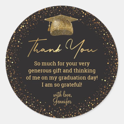 thank you graduation black gold glitters chic classic round sticker