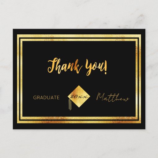 Thank you graduation black gold postcard | Zazzle