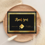 Thank you graduation black gold postcard<br><div class="desc">A thank you card for the graduate. A black background color and a faux gold frame.  On front a hand lettered style script and the text: Thank You! Graduate year and a graduation cap,  hat.
Back: Personalize and add Your thank you note and name. No background color.</div>