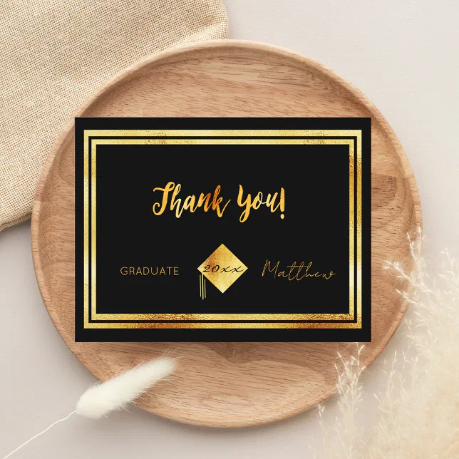 Thank you graduation black gold postcard | Zazzle