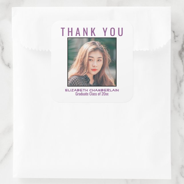 Thank You Graduation Black Plum Purple Custom Square Sticker (Bag)