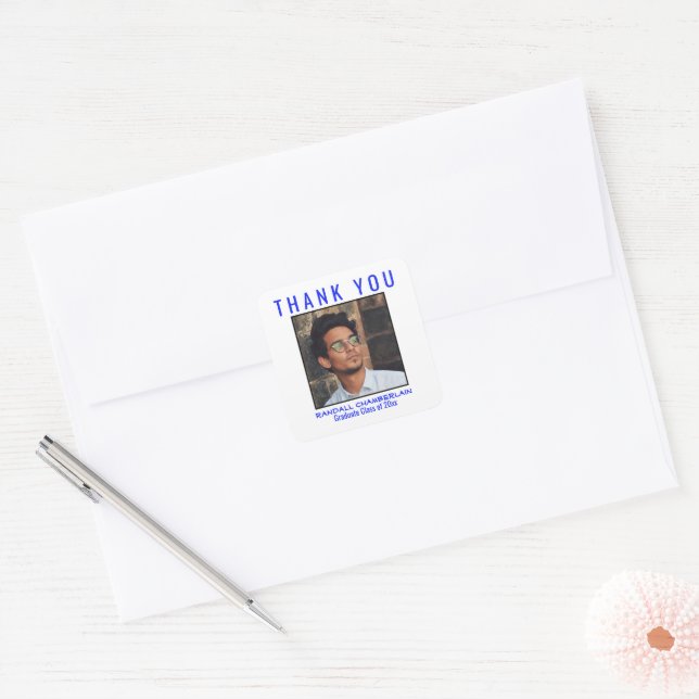 Thank You Graduation Bright Blue Black Custom Square Sticker (Envelope)