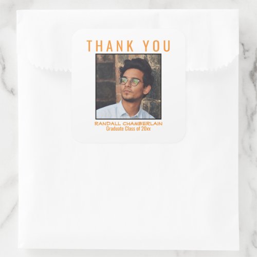 Thank You Graduation Orange Black Custom Photo Square Sticker