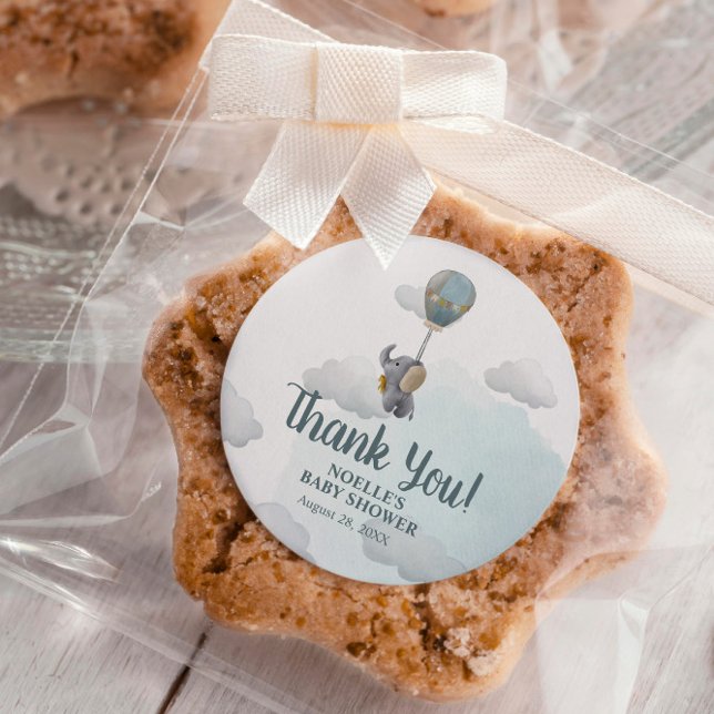 Thank You! Gray Baby Elephant in Hot Air Balloon Classic Round Sticker (Creator Uploaded)