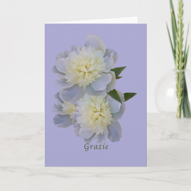 Thank You, Grazie, Italian, White Peonies Card (Front)