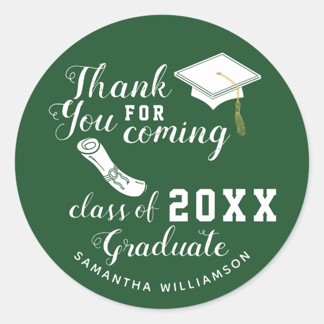 Thank You Green and White Class of 2025 Graduate Classic Round Sticker (Front)