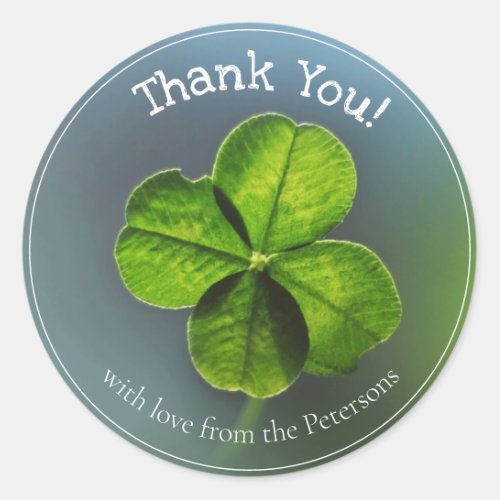 Thank You Green Four Leaf Clover with Name Classic Round Sticker