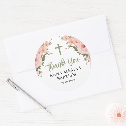 Thank You Green Pink Flowers Girl Baptism Classic Round Sticker