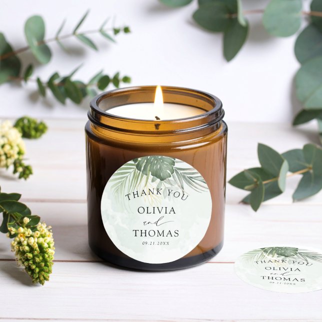 Thank You Green Tropical Wedding Favor Classic Round Sticker (Creator Uploaded)