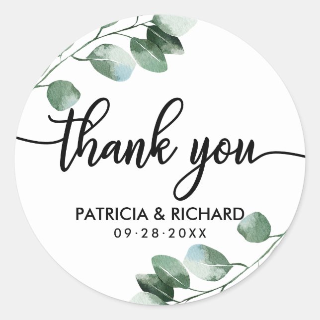 Thank You Greenery Wedding Classic Round Sticker (Front)