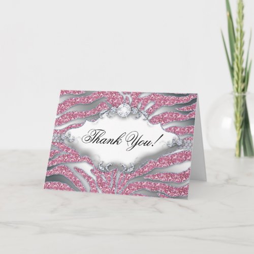 Thank You Greeting Card Zebra Sparkle Pink Silver