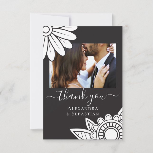 Thank You Grey White Flower Typography Cards (Front)
