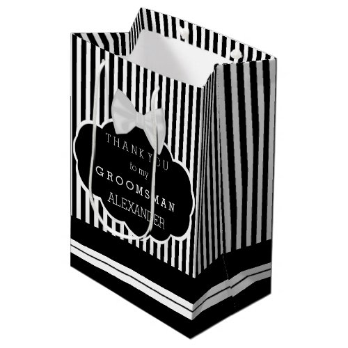 Thank You Groomsman Stripes White Bow Tie and Name Medium Gift Bag