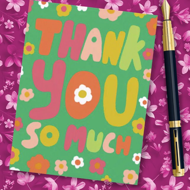 THANK YOU Groovy Daisies Colorful Bubble Letters  Postcard (Thank you so much! Customizable postcard with colorful happy daisy artwork. )