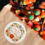 Thank You Halloween Birthday Classic Round Sticker<br><div class="desc">Are you celebrating a Halloween birthday this year and want a sweet, not spooky, illustrated theme for your party? These extra cute and colorful Halloween themed thank you stickers feature hand drawn festive fun! A wreath of jack o lanterns, autumn leaves, and a spider web surrounds your customizable details of...</div>