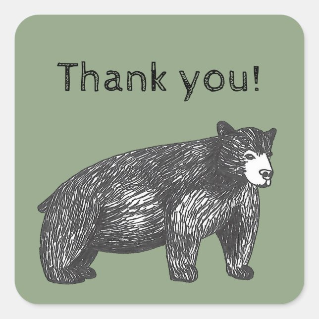 Thank You Hand-drawn Artistic Black Bear Square Sticker (Front)