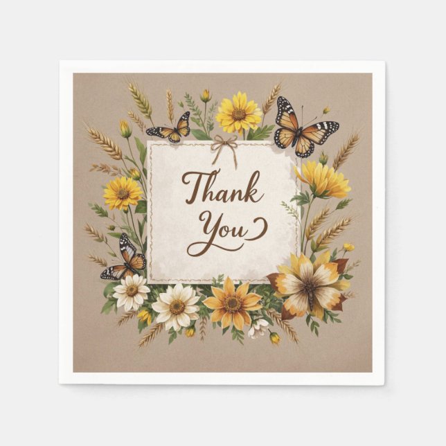 Thank you Hand drawn wildflowers, wheat stalks Napkins (Front)