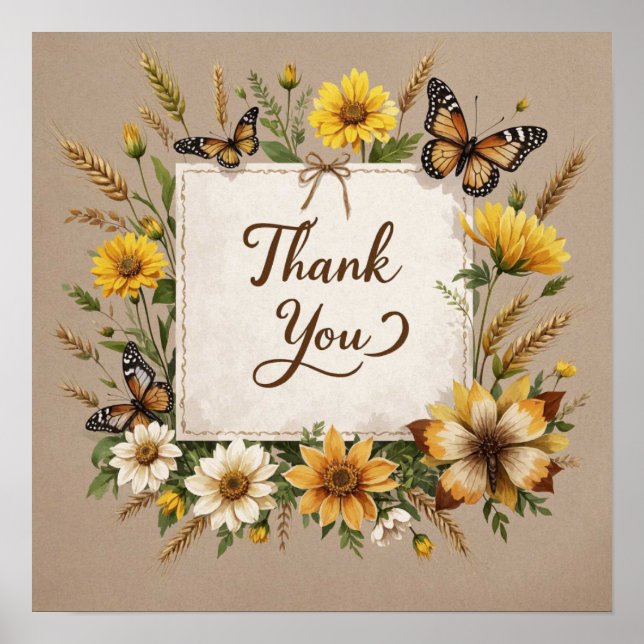 Thank you Hand drawn wildflowers, wheat stalks Poster (Front)