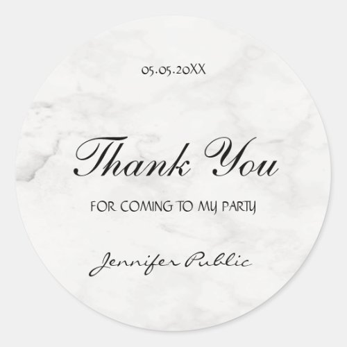 Thank You Hand Script Text Party Template Marble Classic Round Sticker