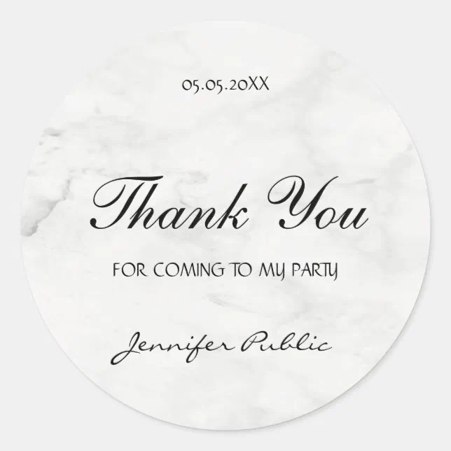 Thank You Hand Script Text Party Template Marble Classic Round Sticker ...