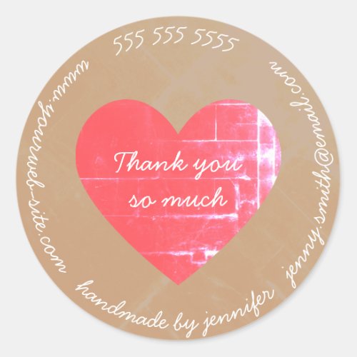 Thank You Handmade By Heart Website EMail Phone Classic Round Sticker
