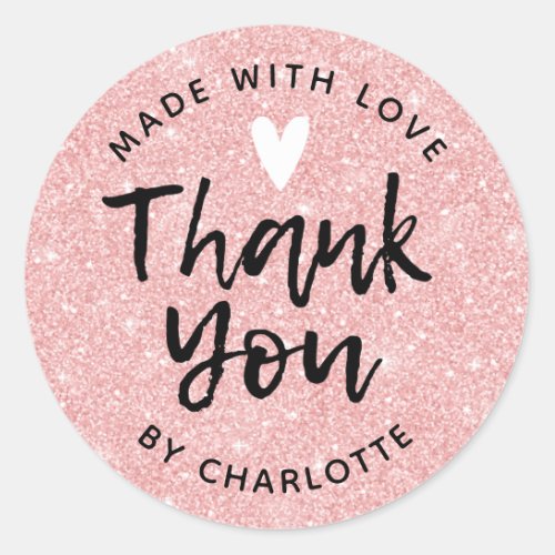 Thank You Handmade With Love Pink Glitter Classic Round Sticker
