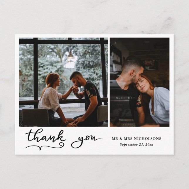 Thank You Handwritten Modern | Couple Photo Holiday Postcard (Front)