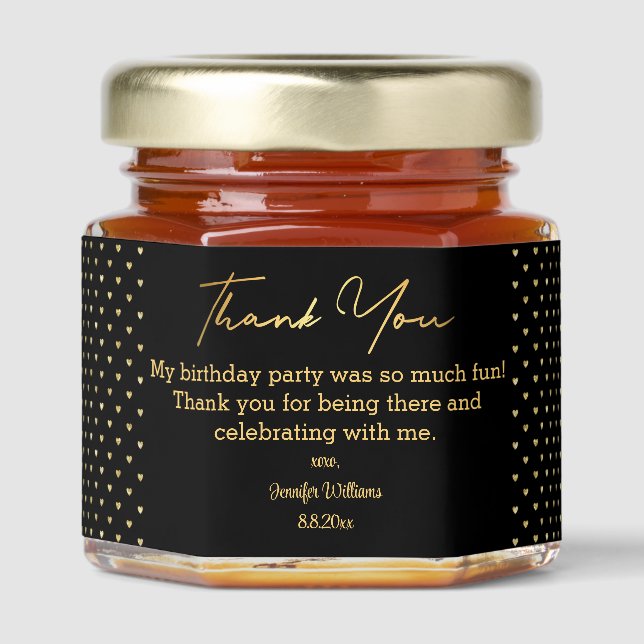 thank you happy birthday black gold hearts stylish honey jar favors (Front)